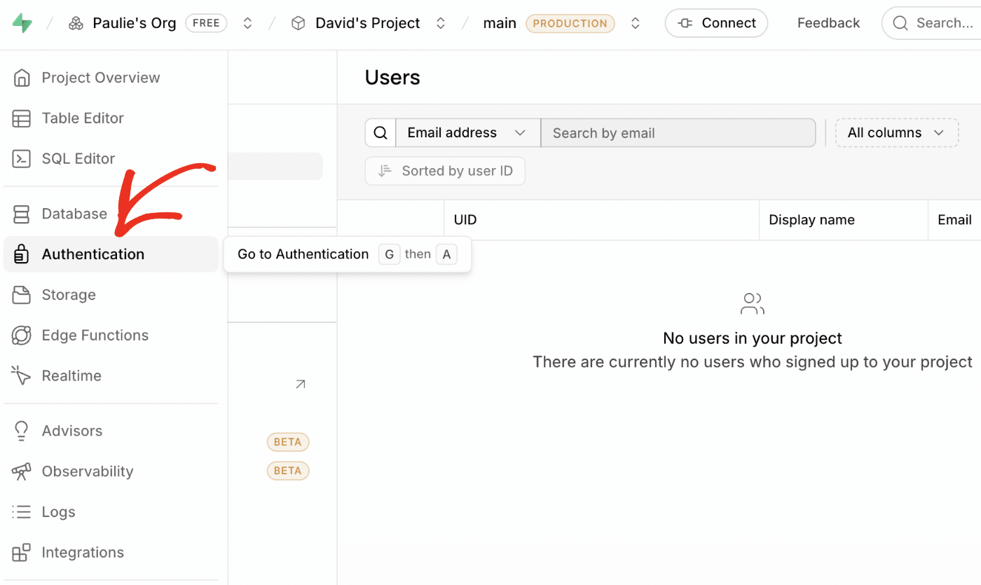 Open Authentication in the Supabase left sidebar