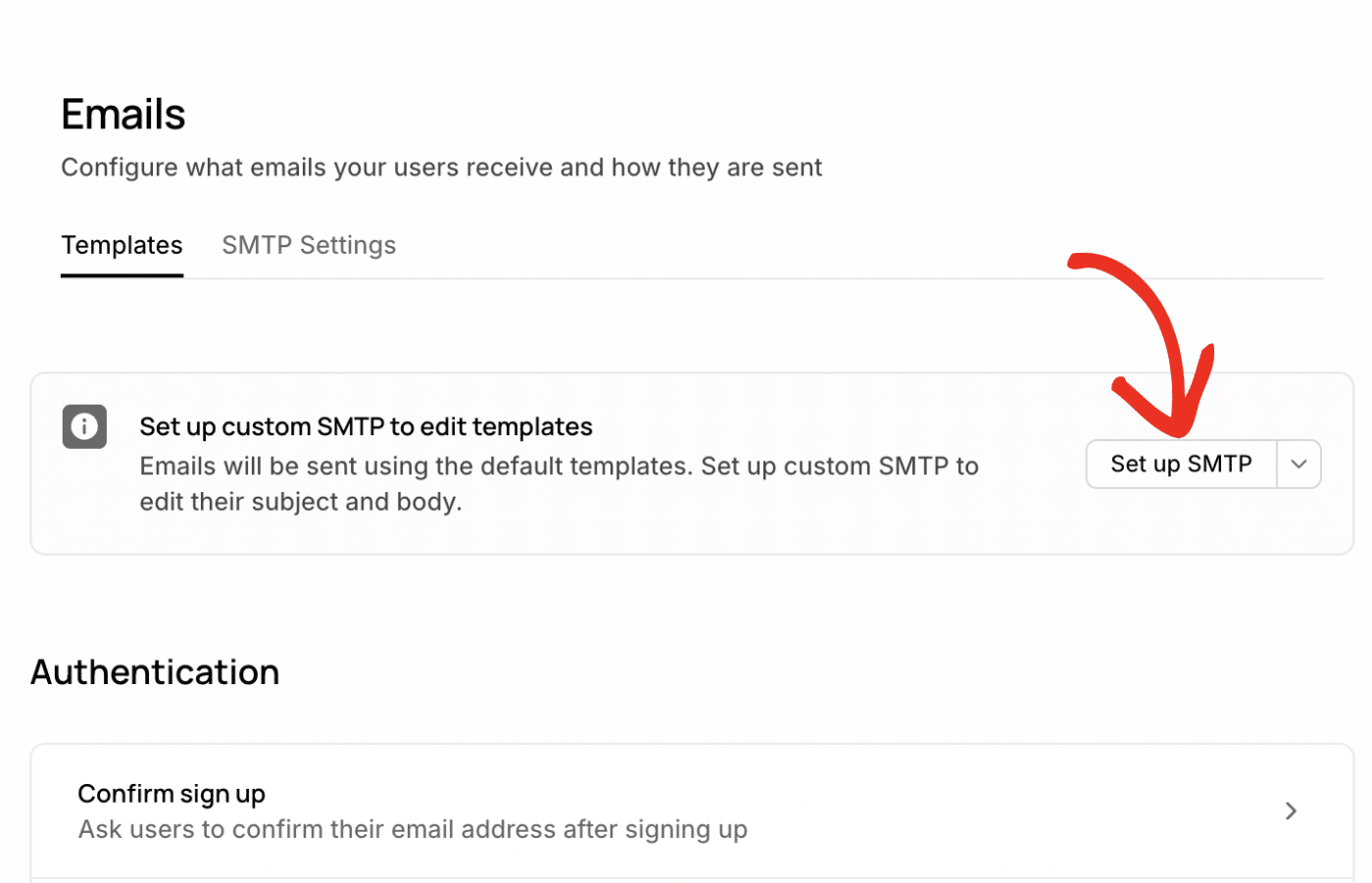 Click Set up SMTP on the Supabase Emails page