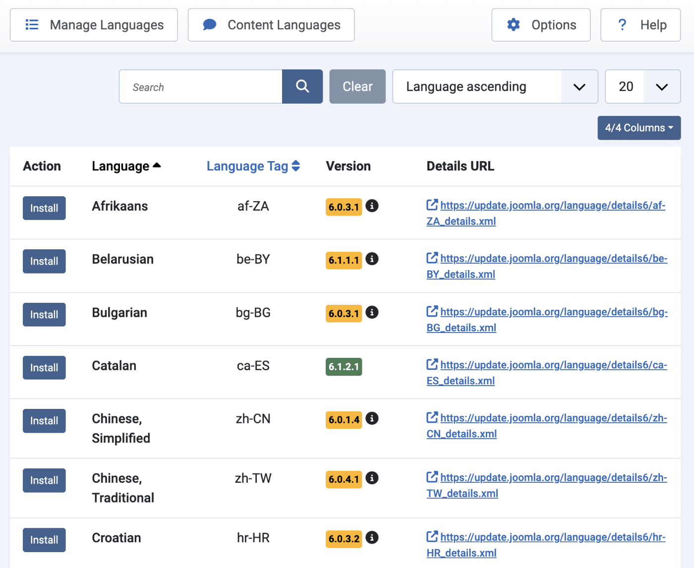 Joomla Languages screen listing available languages with Install buttons