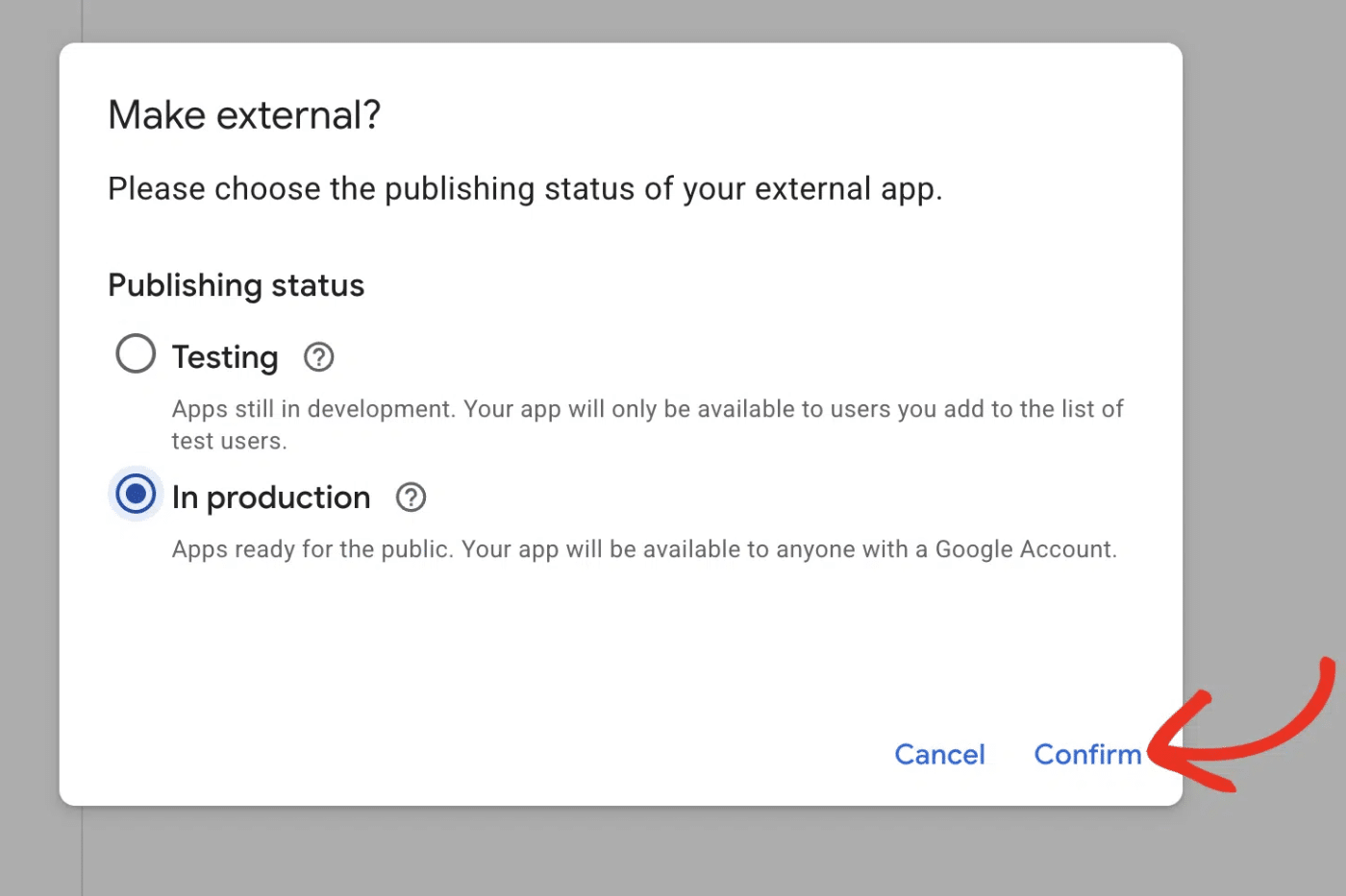 Set app publishing status to In Production