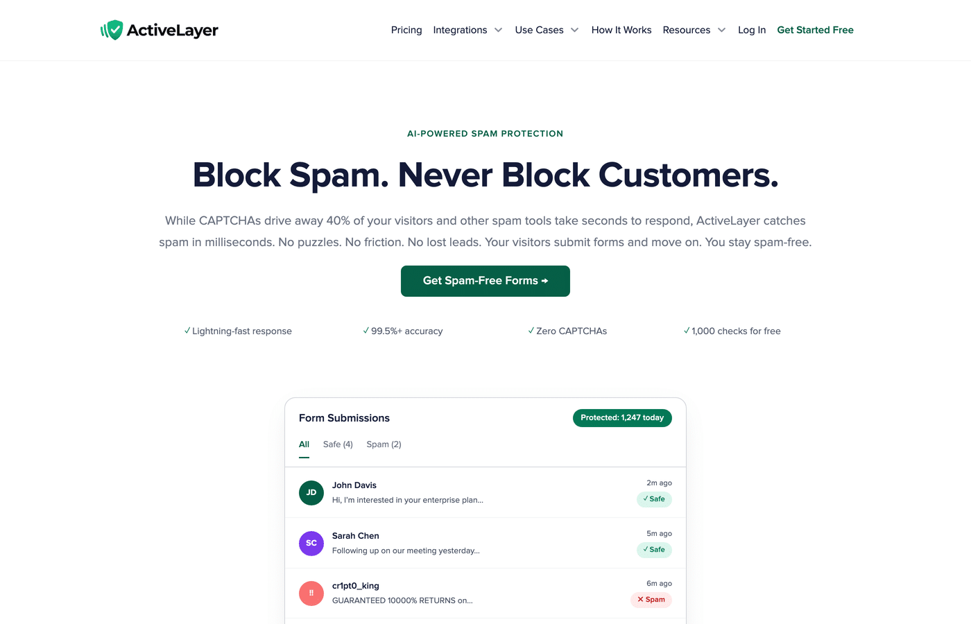 The ActiveLayer homepage and spam protection overview