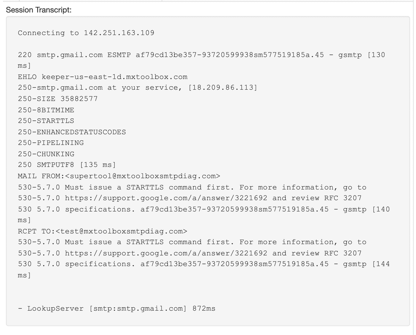 MXToolbox session transcript showing the SMTP conversation