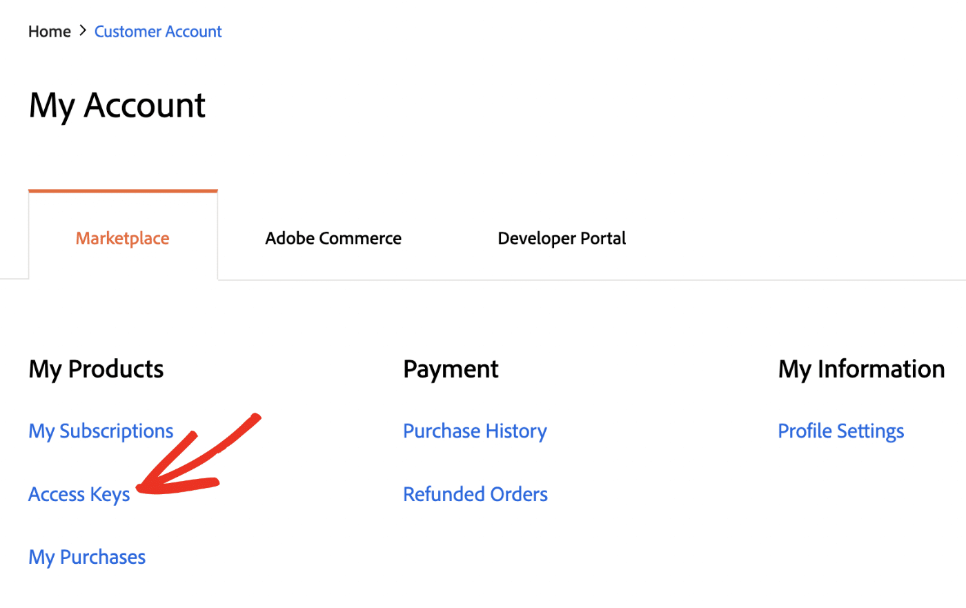 Select Access Keys from the Adobe Commerce Marketplace account area