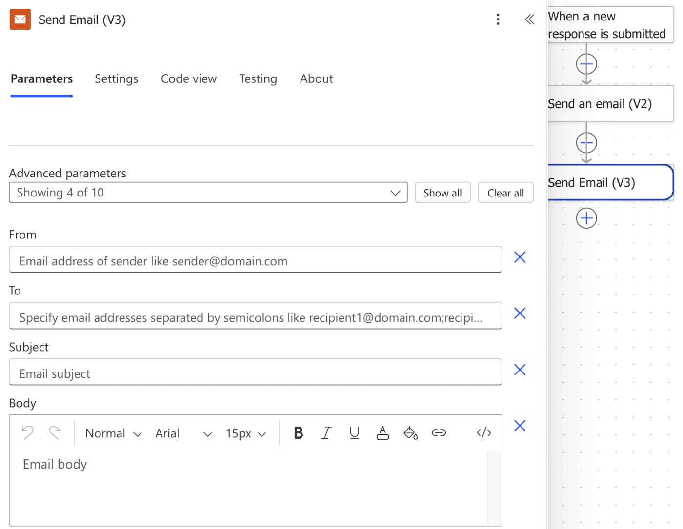 SMTP Send Email (V3) action with a custom From address on the sender's own domain filled in