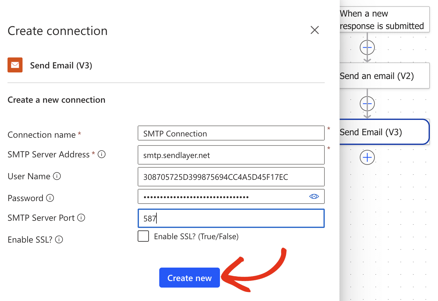 Power Automate SMTP connection dialog filled in with the SendLayer server address, port 587, and Enable SSL set to Yes