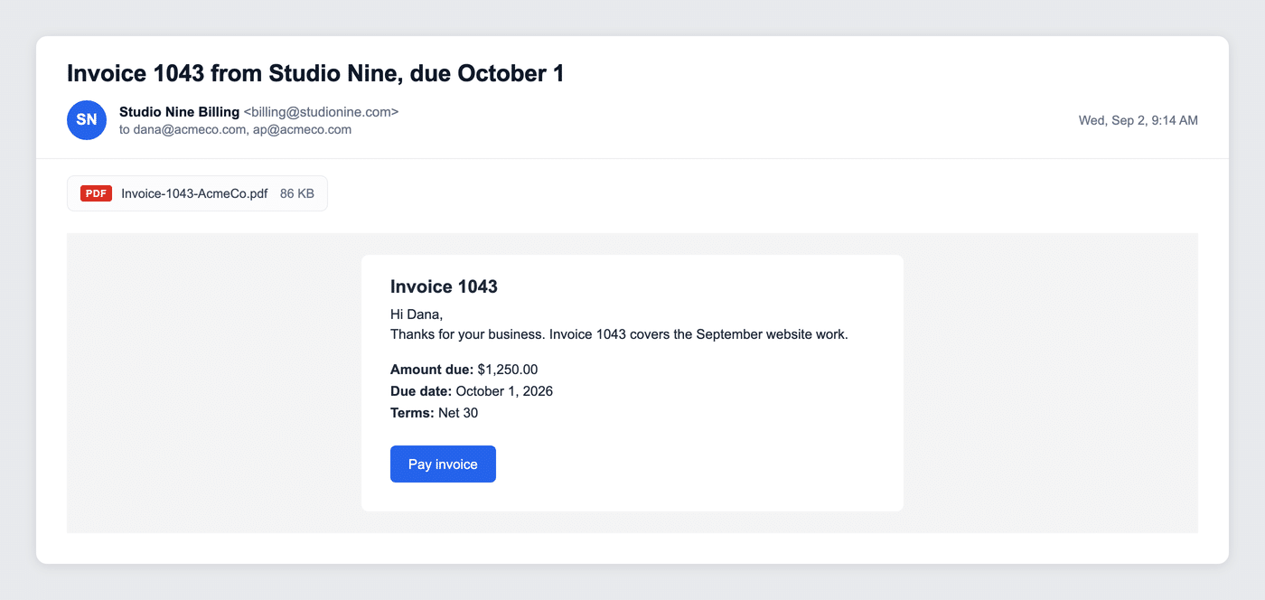 Standard invoice email template as a client sees it in their inbox, with the attached PDF
