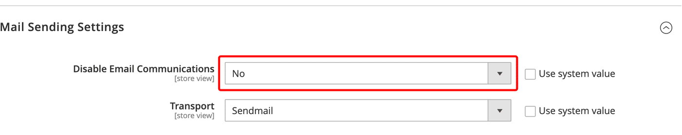 Disable Email Communications set to No in Magento Mail Sending Settings