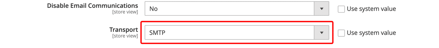 Selecting SMTP in the Magento Transport dropdown