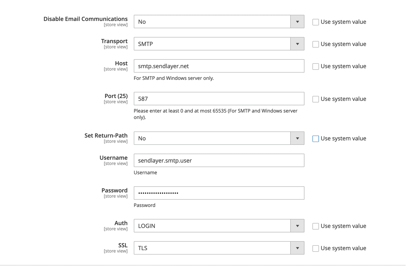 Magento SMTP settings filled in with SendLayer host port username and password
