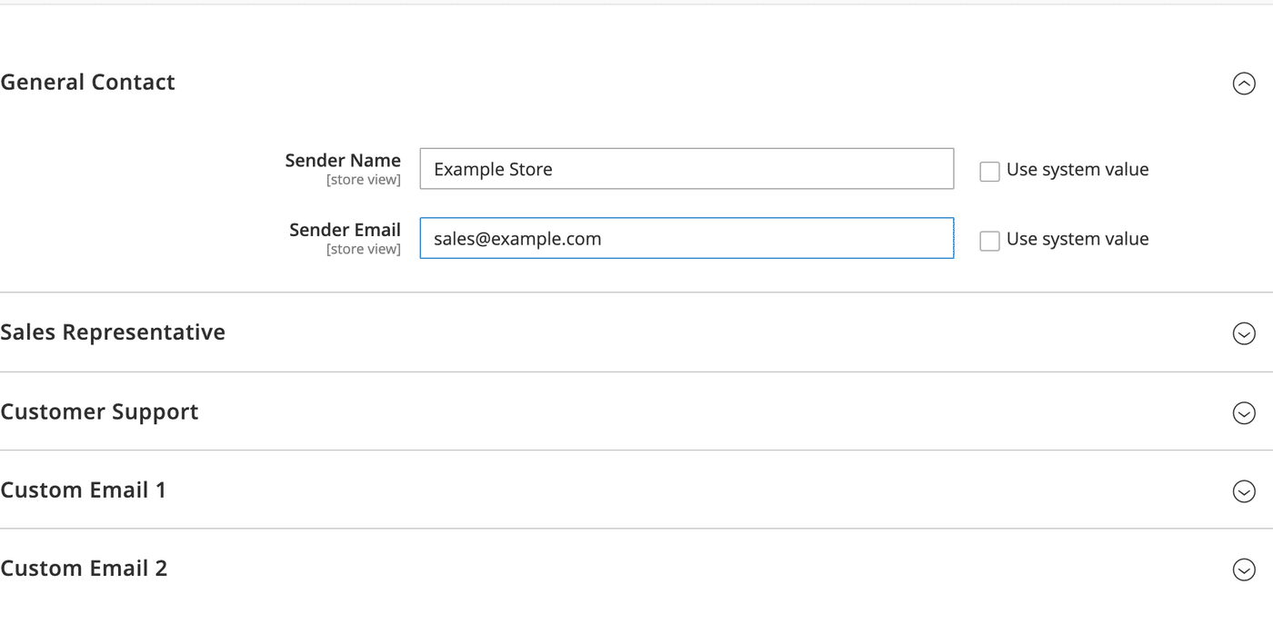 Store Email Addresses page in Magento with the General Contact identity expanded