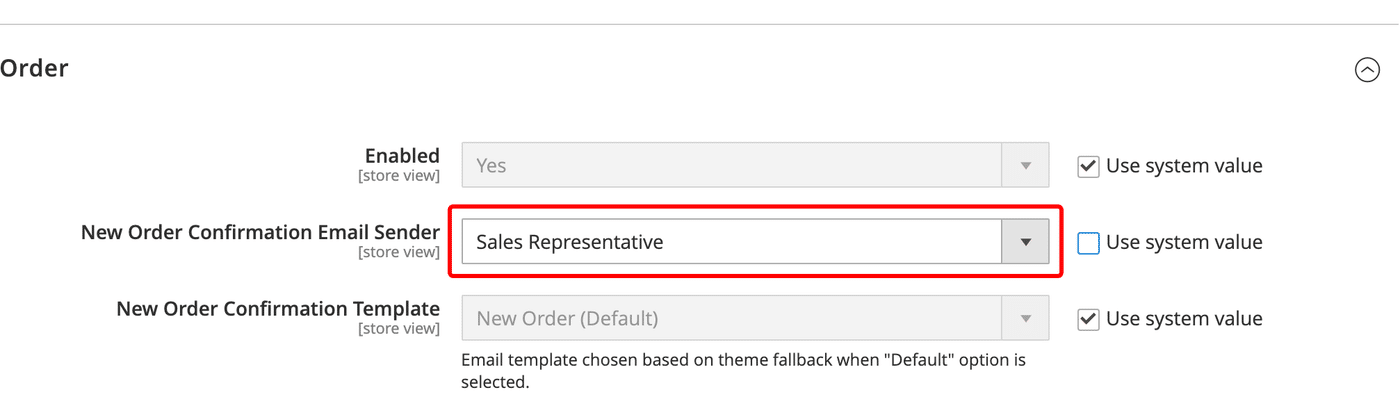 New Order Confirmation Email Sender option in Magento Sales Emails
