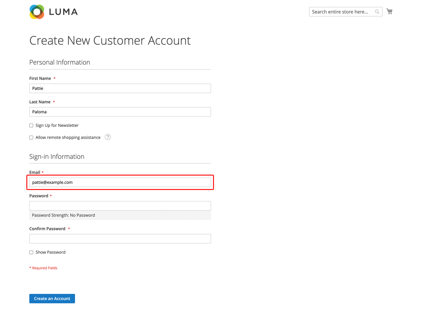 Create an Account registration form on the Magento storefront