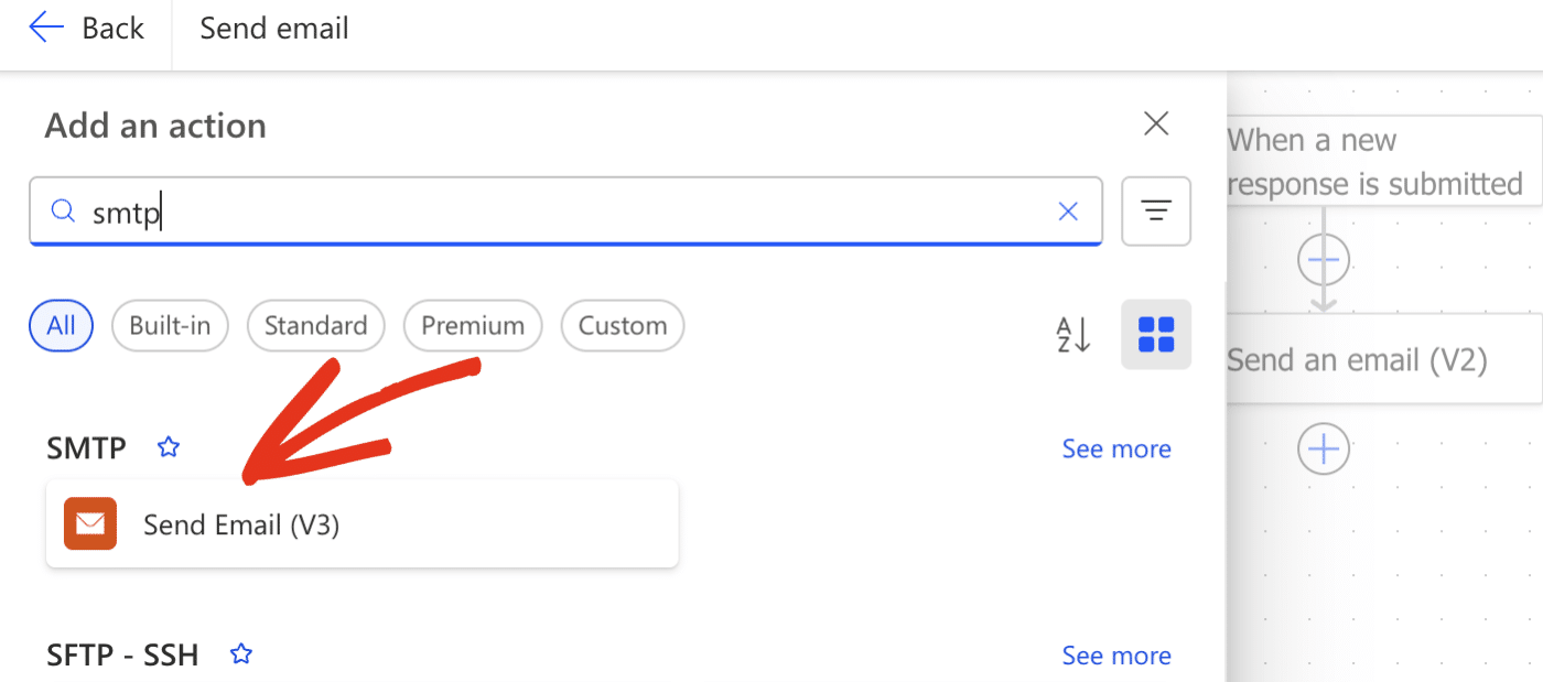 SMTP connector search result showing the Send Email (V3) action in Power Automate