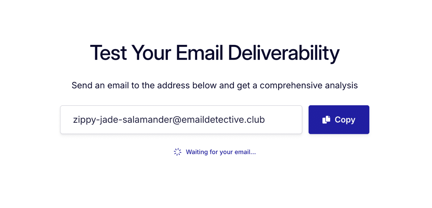 Email Detective home page with the Test Your Email Deliverability heading and the one-time test address