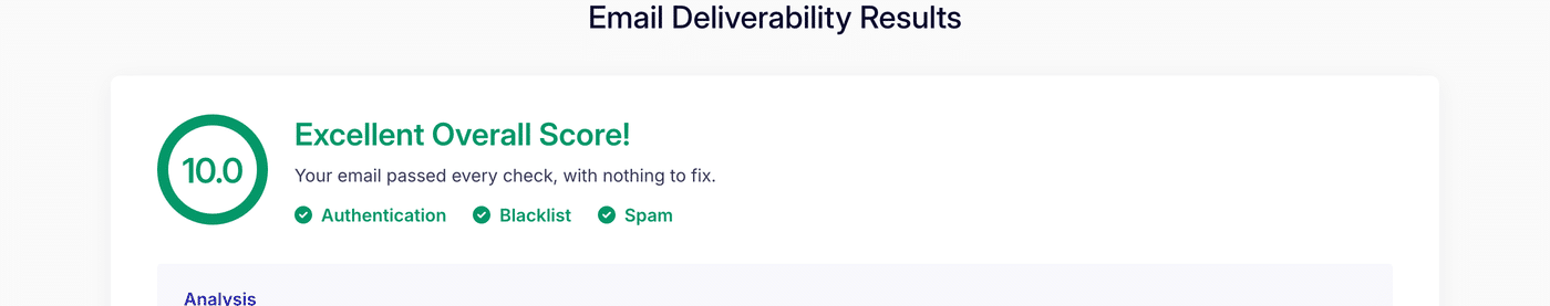 Email Detective results page showing a 10.0 Excellent Overall Score with Authentication, Blacklist, and Spam checks passed