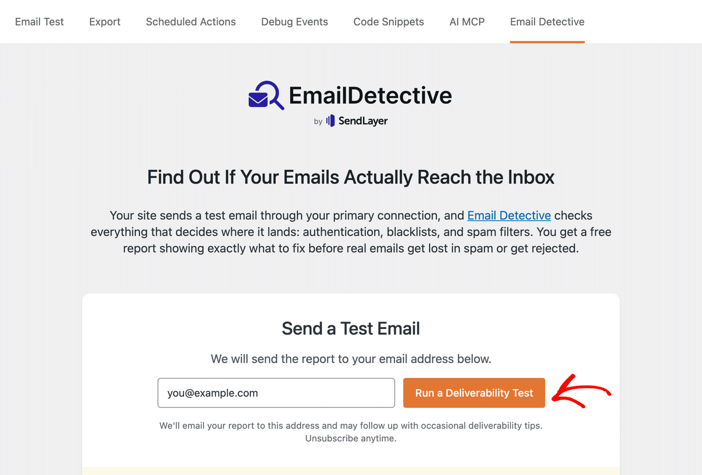 The WP Mail SMTP » Tools » Email Detective tab with the Run a Deliverability Test button