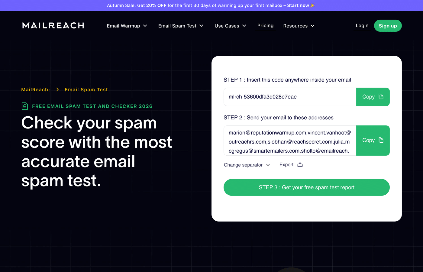 MailReach free email spam test page