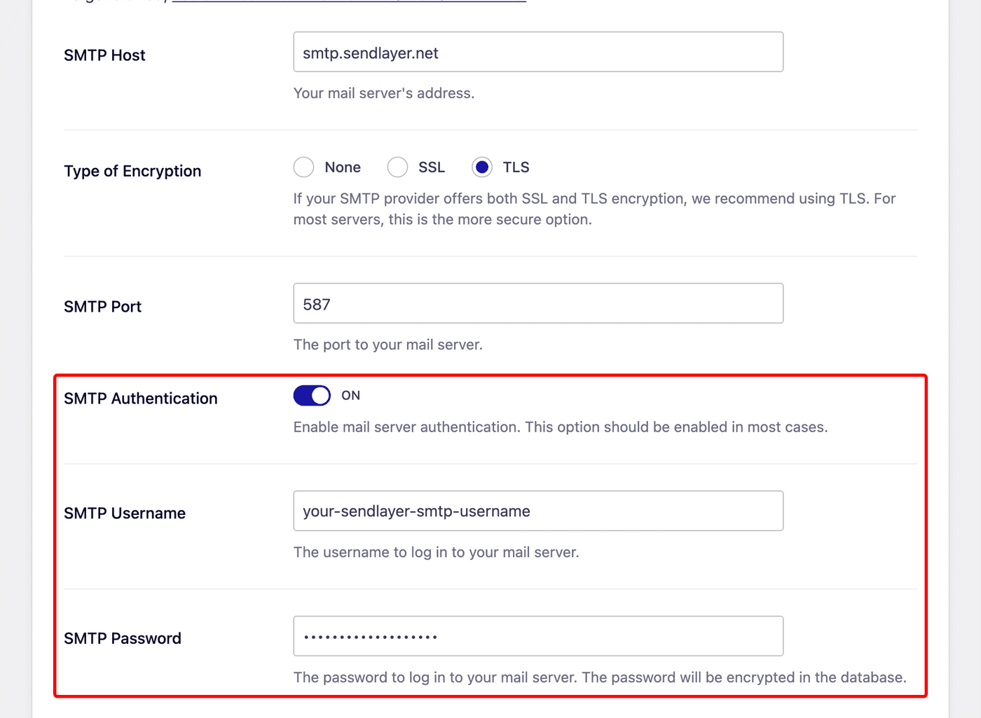 SMTP authentication settings in the Easy WP SMTP Other SMTP mailer