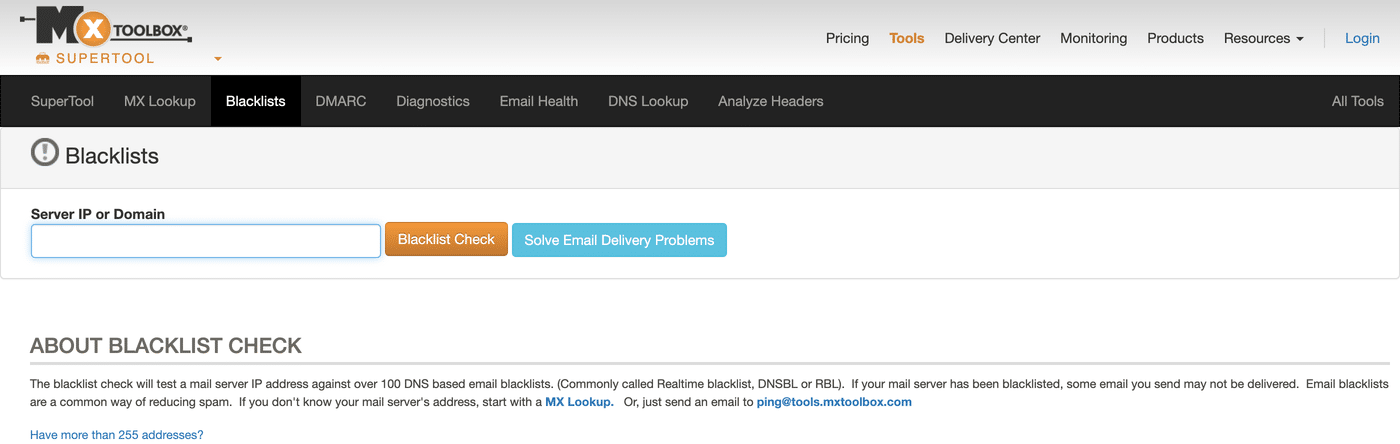 MxToolbox blacklist check page