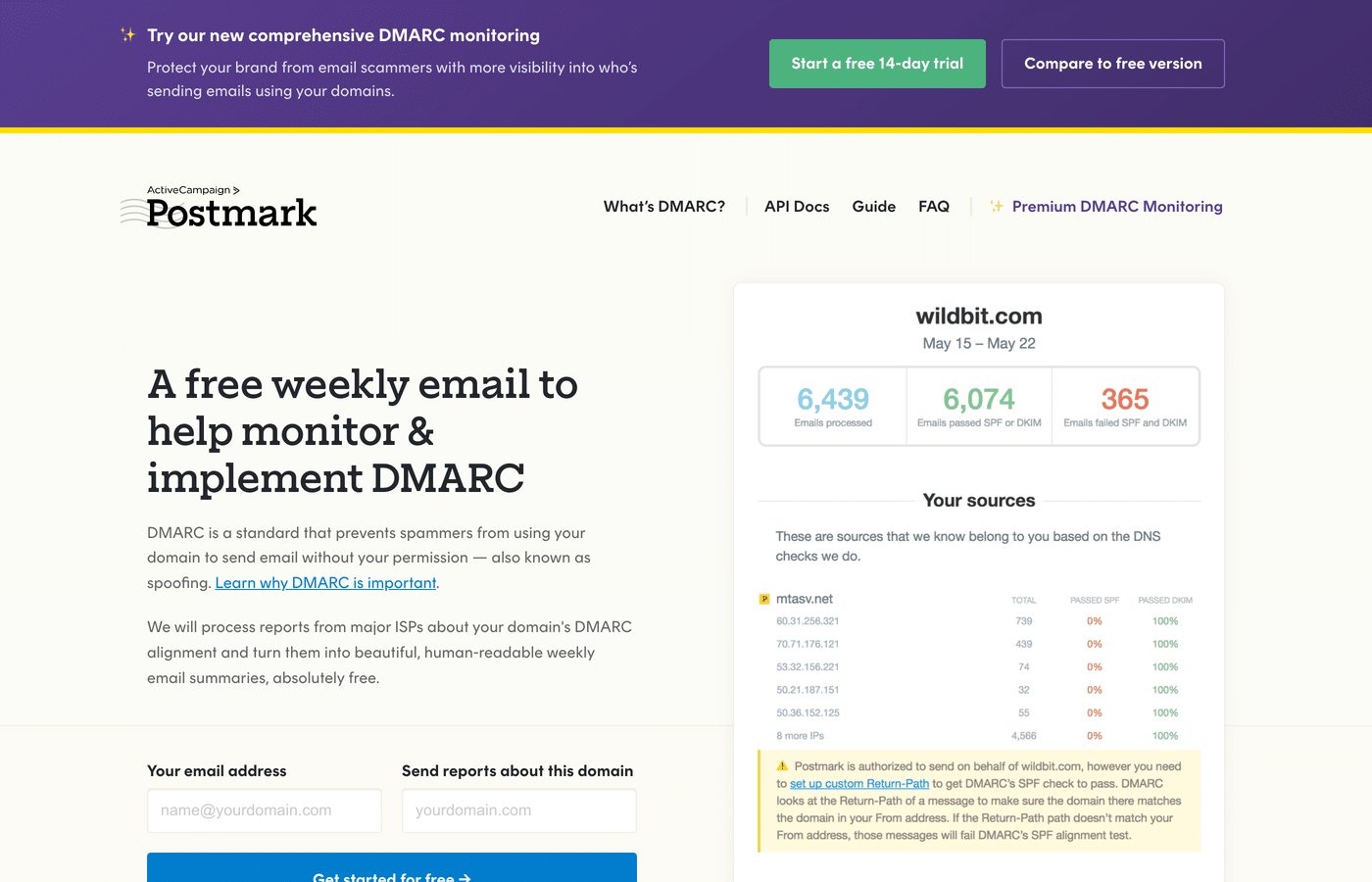 Postmark DMARC Digests page with a sample weekly digest