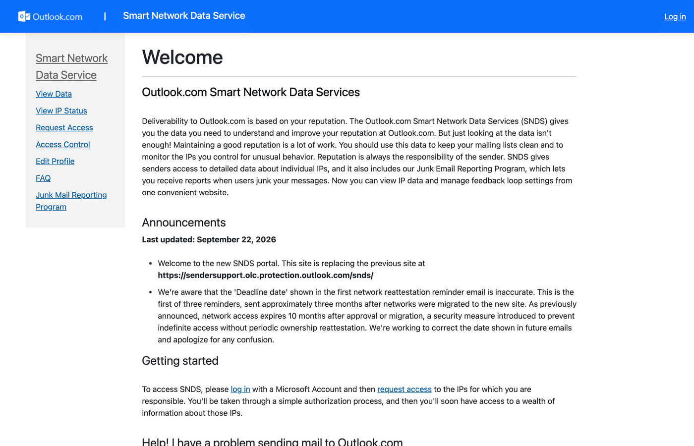 Microsoft SNDS welcome page