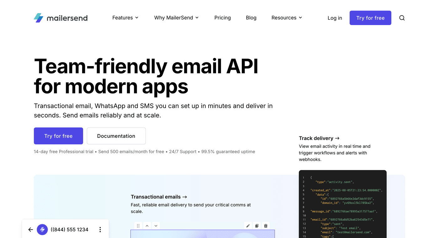 MailerSend homepage for its transactional email service