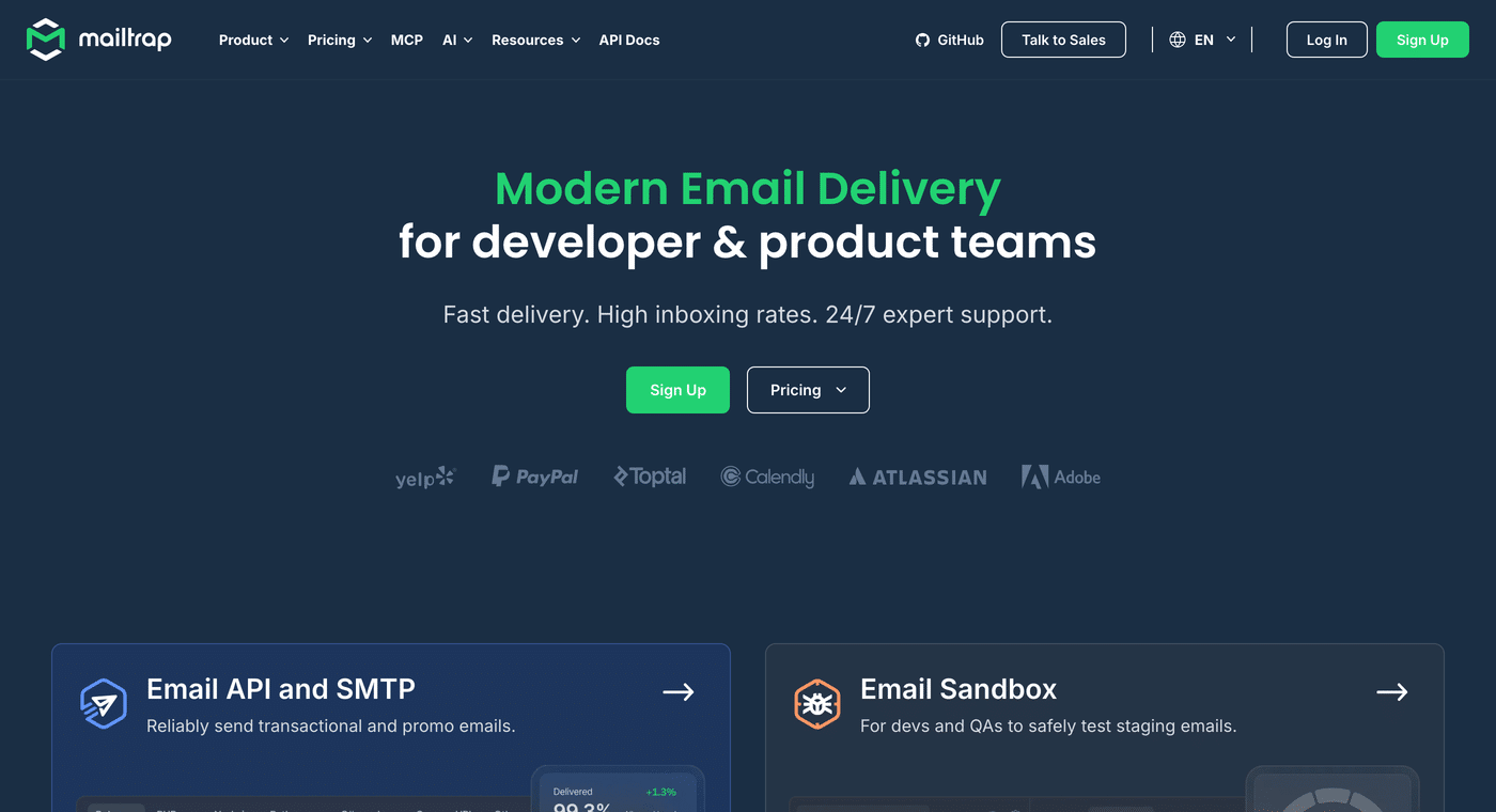 Mailtrap homepage for its email API, SMTP, and email testing sandbox