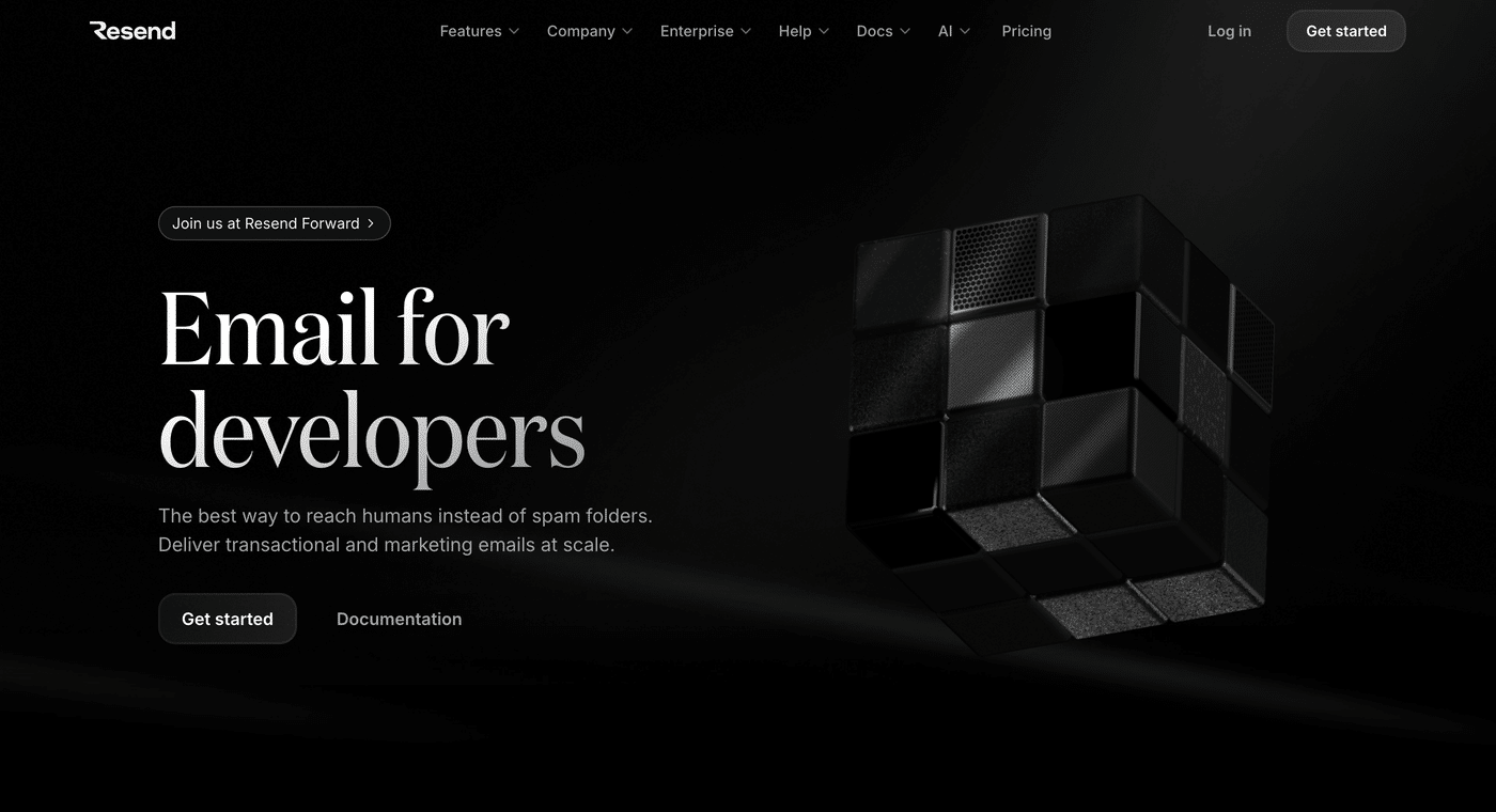 Resend homepage for its email API for developers