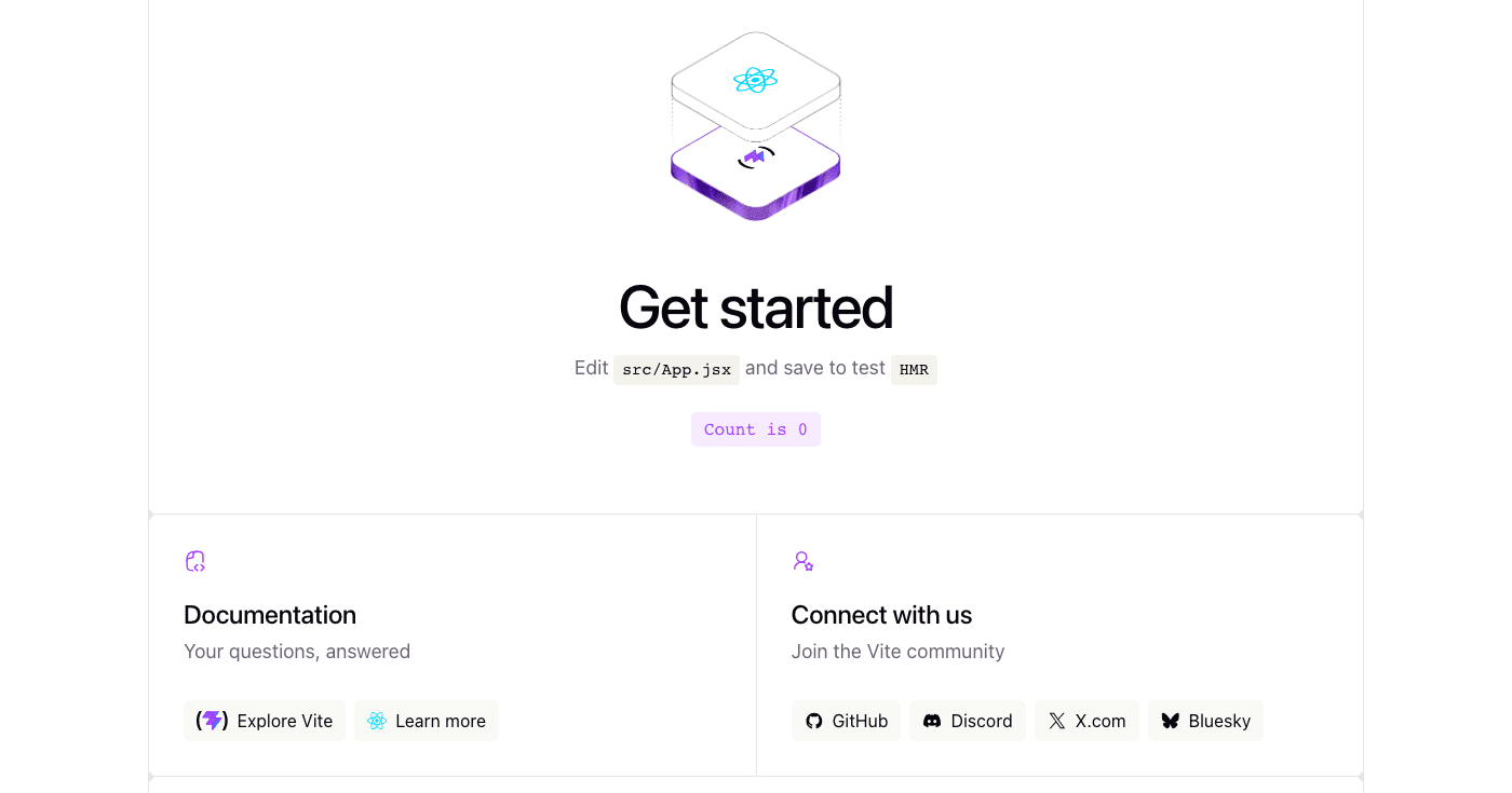 Default Vite and React starter page running on localhost 5173